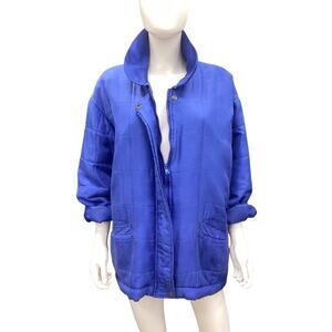 Vintage Bogari Women’s Silk Jacket Size M Cobalt Blue Zipper Pockets Buttons